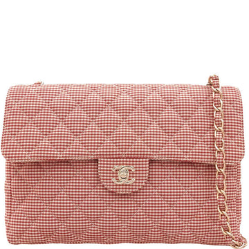 CHANEL Around 1997 Made Cotton Gingham Pattern Classic Flap Chain Bag Red