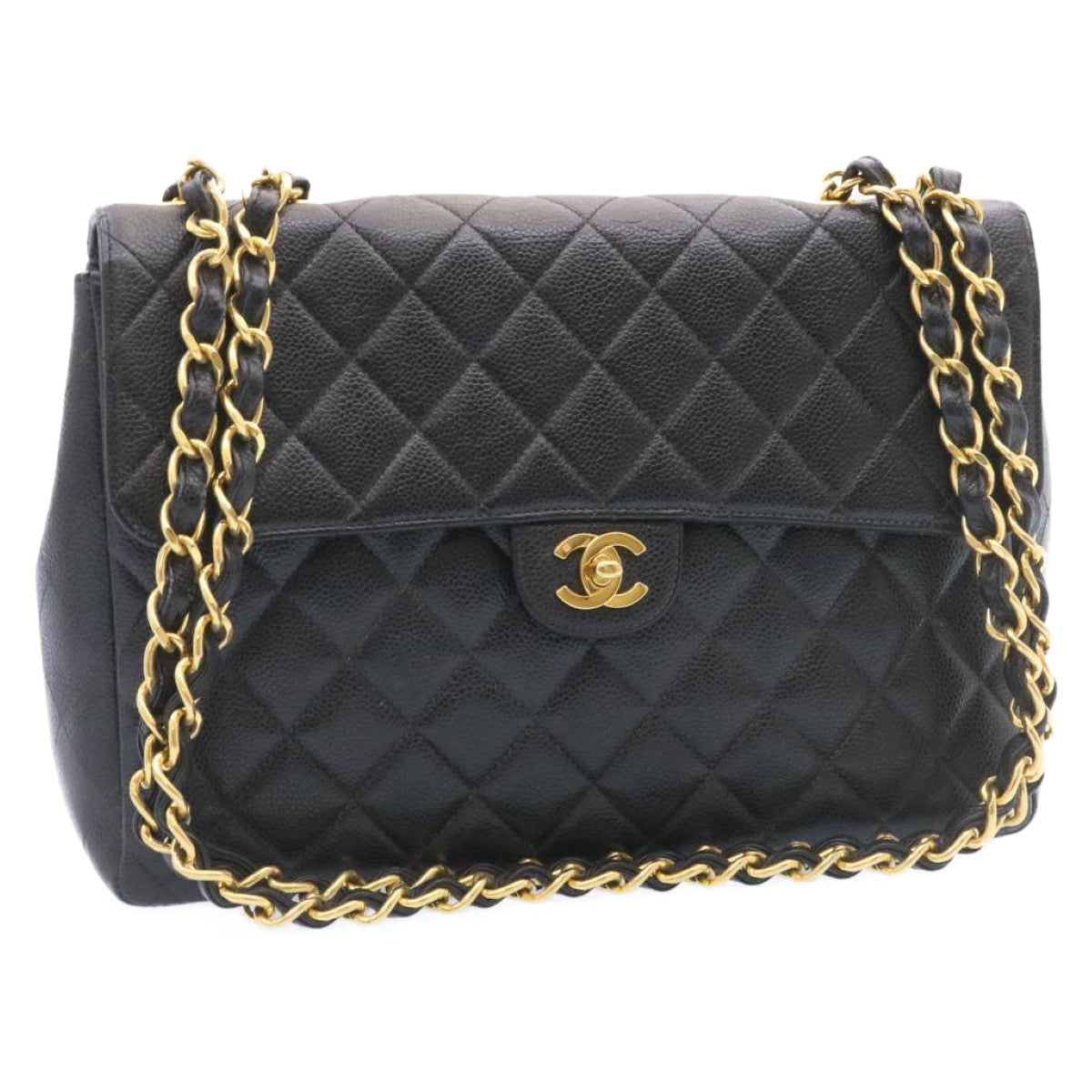 Chanel Big Matelasse Flap Chain Shoulder Bag Caviar Skin Black Gold Auth 25984A