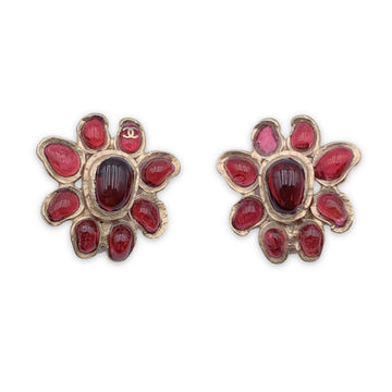 CHANEL Light Gold Red Glass Cabochon Flowers Earrings