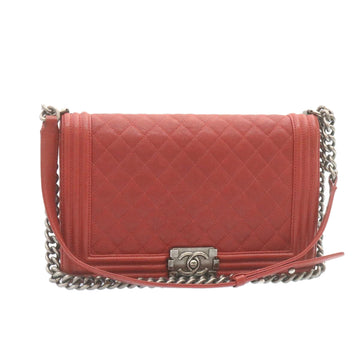 CHANEL Boy  Matelasse Chain Flap Shoulder Bag Leather Red CC Auth 28281A