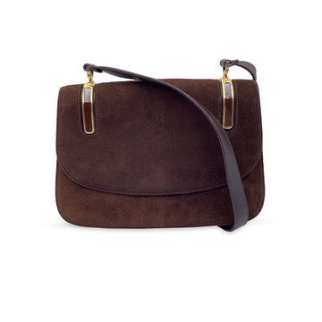 GUCCI Vintage Brown Suede Flap Enamel Shoulder Bag