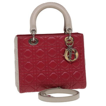 CHRISTIAN DIOR Lady Dior Cannage Medium Hand Bag Lamb Skin Red White Auth 29502A