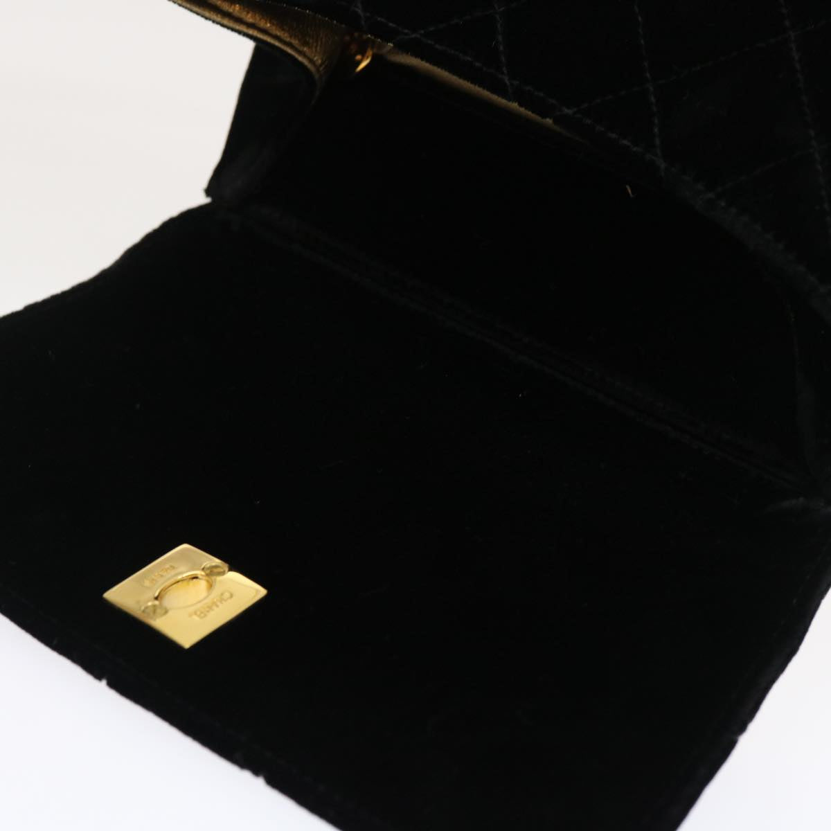 CHANEL Turn Lock Flap Matelasse Hand Bag velvet Black Gold CC Auth 295