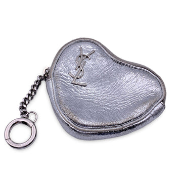 Saint Laurent Silver Metal Leather Heart Coin Purse With Key Chain
