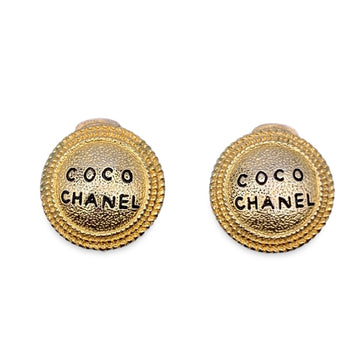 CHANEL Vintage Gold Metal Round Coco  Clip On Earrings