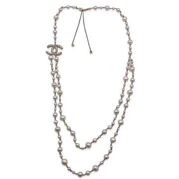 CHANEL Long Double Strand Faux Pearl Necklace With Cc Logo