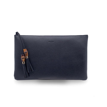 GUCCI Black Leather Pochette Bamboo Tassel Clutch Bag Handbag