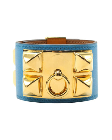 HERMeS Collier De Chien Bracelet-Bleu Izmir Swift Leather - Gold Hardware