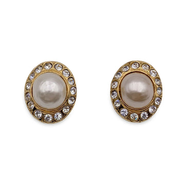 CHANEL Vintage Gold Metal Faux Pearls Rhinestones Clip On Earrings
