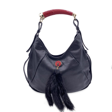 YVES SAINT LAURENT Black Leather Mombasa Hobo Bag Red Handle