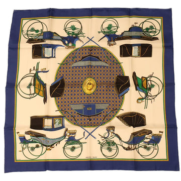 HERMES Carre 90 LES VOITURES A TRANSFORMATION Scarf Silk Blue Yellow Auth 42857