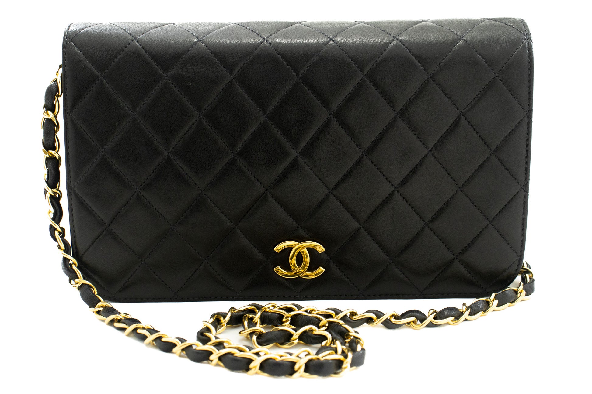 Chanel Full Flap Chain Shoulder Bag Clutch Black Quilted Lambskin