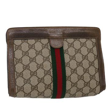 GUCCI GG Canvas Web Sherry Line Clutch Bag PVC Leather Beige Green Auth 46133