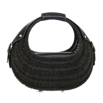 SALVATORE FERRAGAMO Basket Hand Bag Straw Leather Black Auth 47057