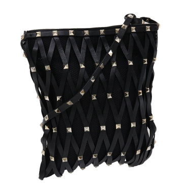 VALENTINO Studs Shoulder Bag Leather Black Auth 47065