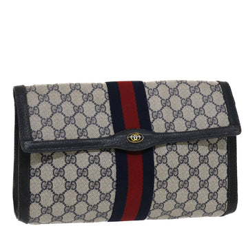 GUCCI GG Canvas Sherry Line Clutch Bag PVC Leather Navy Red Auth 49081