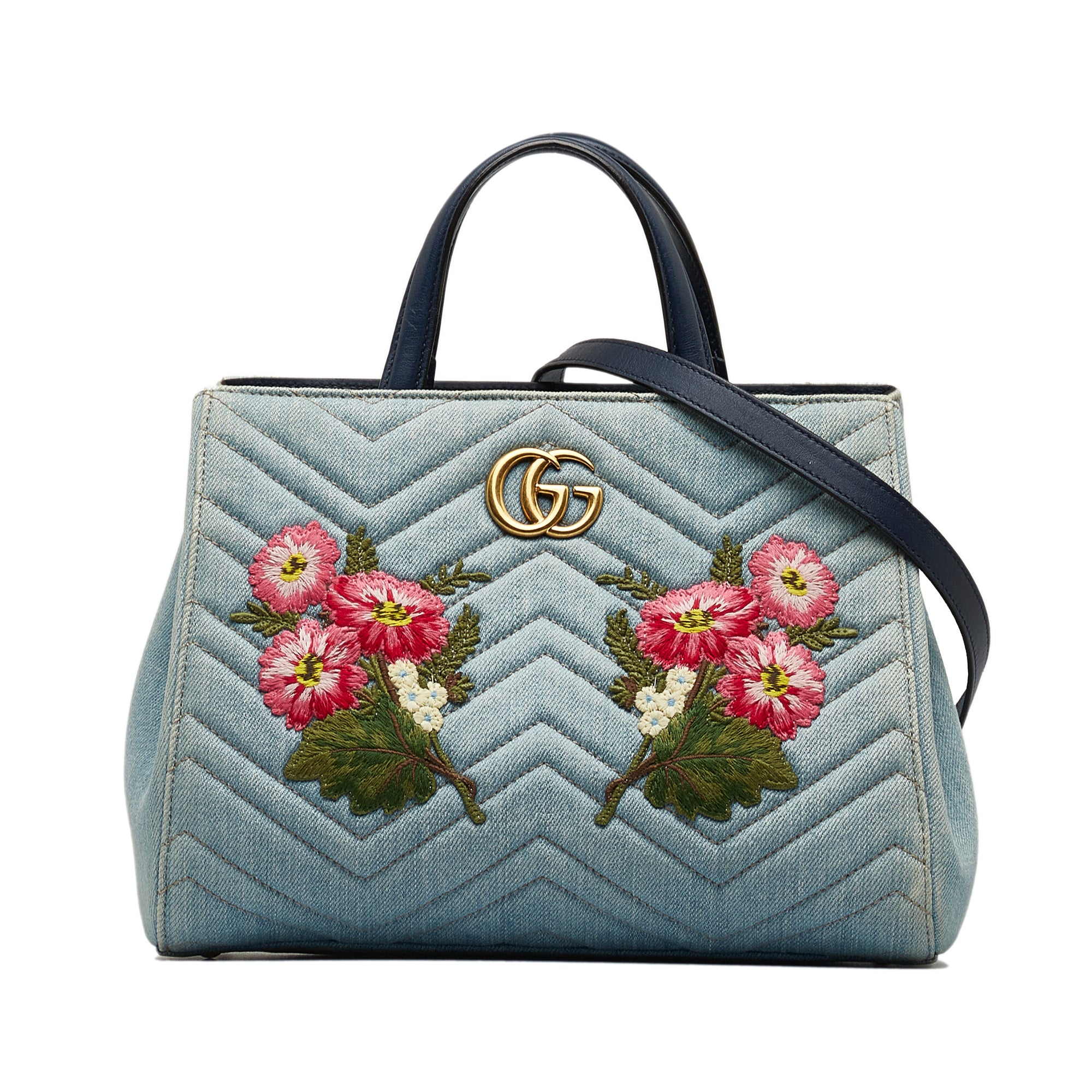 GUCCI Denim Matelasse Pearl Studded Small GG Marmont Shoulder Bag Blue  1310008 | FASHIONPHILE