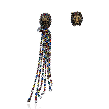 GUCCI Lion Head Asymmetric Cascade Earrings With Multicolor Crystals