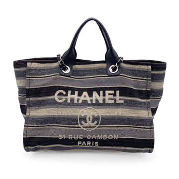 CHANEL Black Grey Striped Canvas Medium Deauville Tote Bag