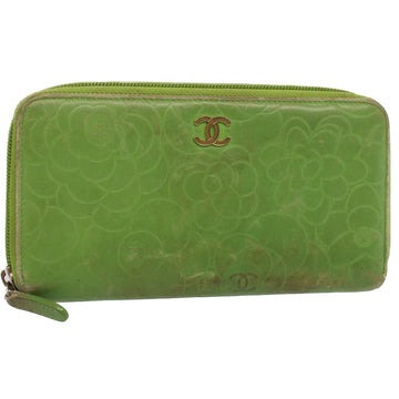 CHANEL Camelia Long Wallet Leather Green CC Auth 52452