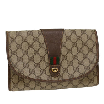 GUCCI GG Canvas Web Sherry Line Clutch Bag PVC Leather Beige Green Auth 53257