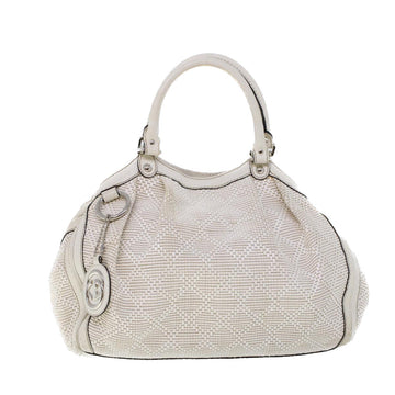 GUCCI Hand Bag Straw Leather White 211944 Auth 53671