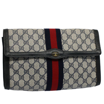 GUCCI GG Canvas Sherry Line Clutch Bag Gray Red Navy 41 014 3087 30 Auth 54692