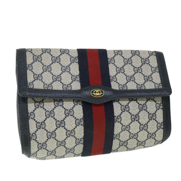 GUCCI GG Canvas Sherry Line Clutch Bag PVC Leather Navy Red Auth 54774
