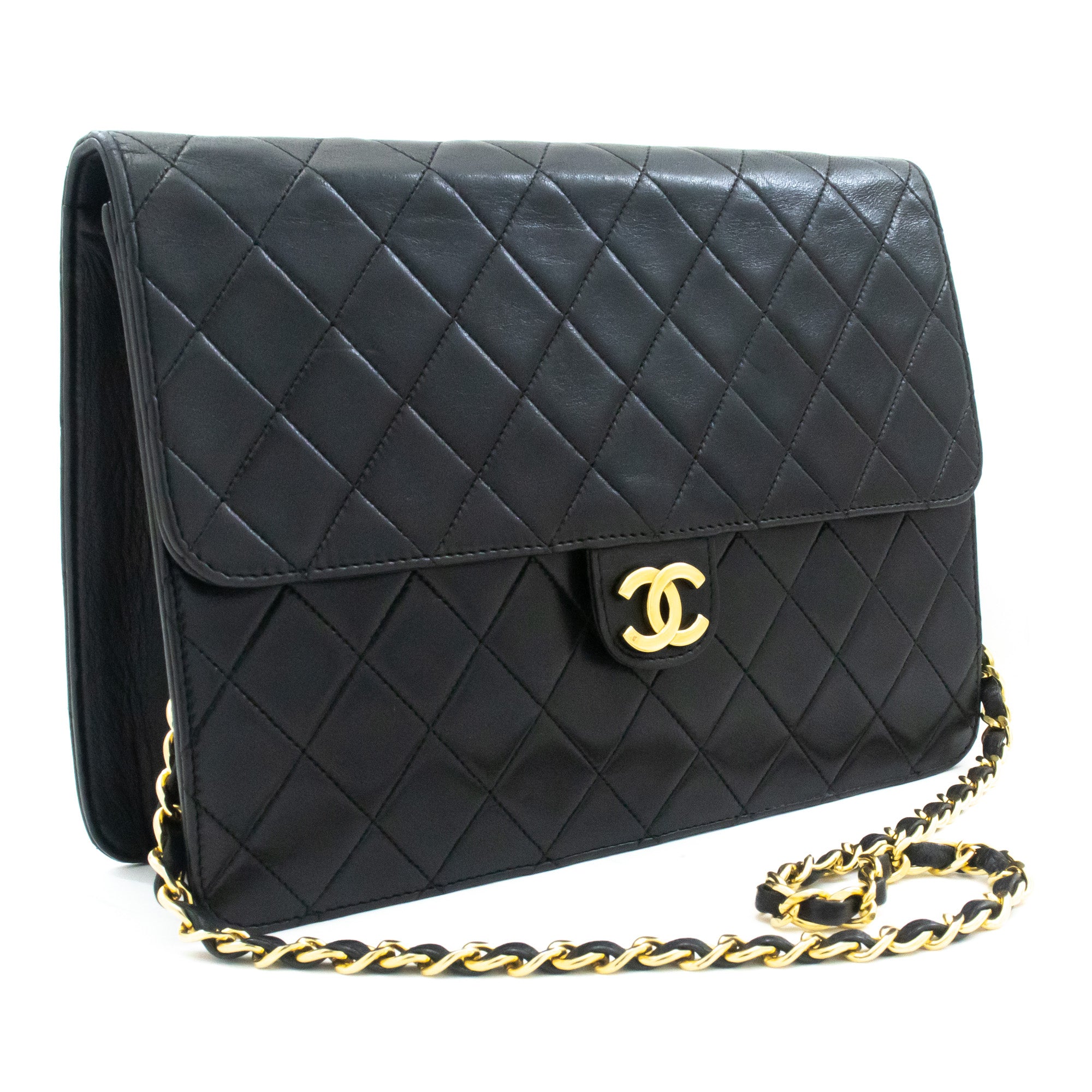 Chanel Chain Shoulder Bag Clutch Black Quilted Flap Lambskin Purse