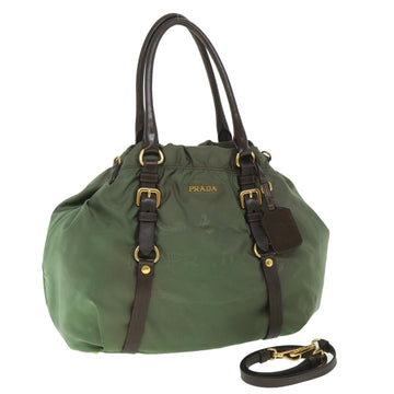 PRADA Hand Bag Nylon Leather 2way Green Brown Auth 56070