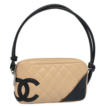 CHANEL Cambon Line Accessory Pouch Leather Black Beige CC Auth 56755