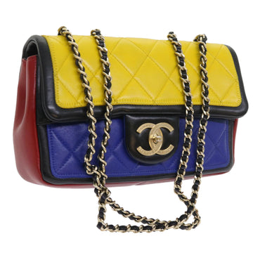 CHANEL Matelasse Chain Shoulder Bag Leather Yellow Purple Red CC Auth 57069A