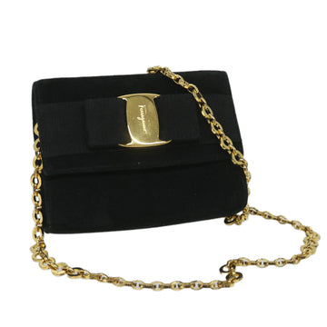 SALVATORE FERRAGAMO Chain Shoulder Bag Suede Black Auth 57207