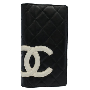 CHANEL Cambon Line Long Wallet Lamb Skin Black Pink CC Auth 58159