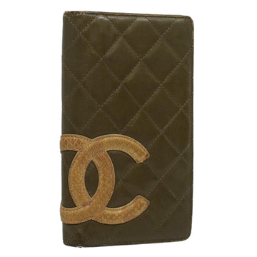 CHANEL Cambon Line Long Wallet Leather Khaki CC Auth 58294