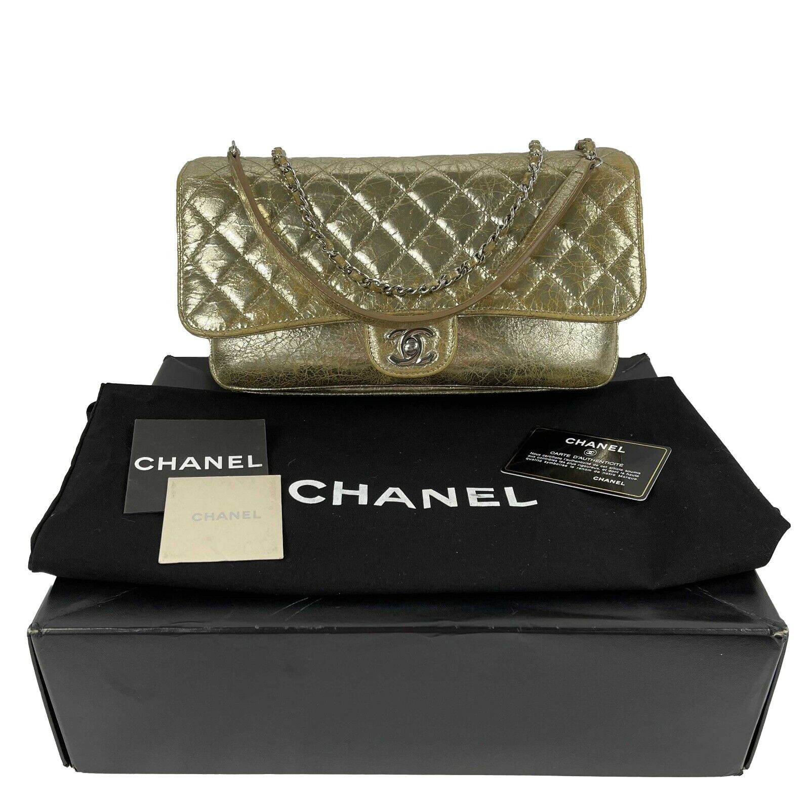 CHANEL Quilted Distressed Glazed Gold Leather Accordion Flap Shoulder