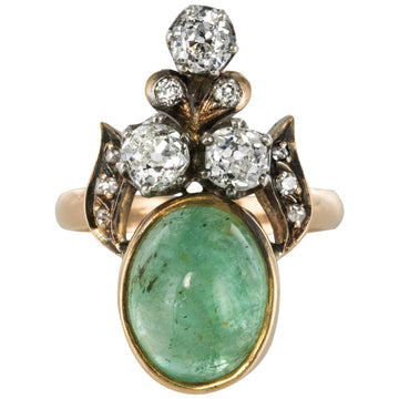 19th Century 4.50 Carat Cabochon Emerald Diamonds Duchess Ring