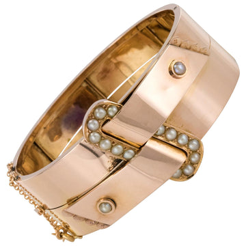 French Napoleon III Natural Pearl and Rose Gold Belt Bangle Bracelet