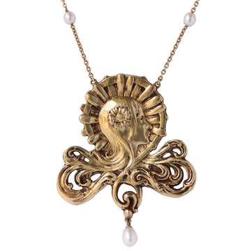 French Art Nouveau Pearl Gold Necklace Featuring a Woman's Head
