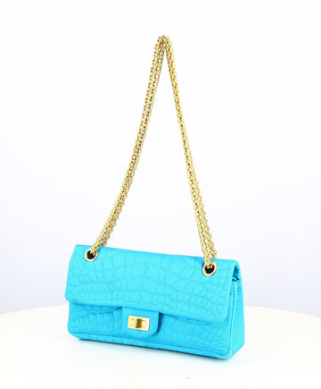 2006-2008 Chanel 2.55 Quilted Croco Satin Turquoise Bag