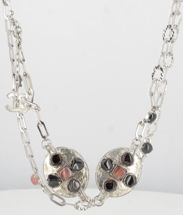 Chanel Silver Necklace With Medallion And Stone