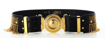 Versace Black Leather Golden Fringe Belt