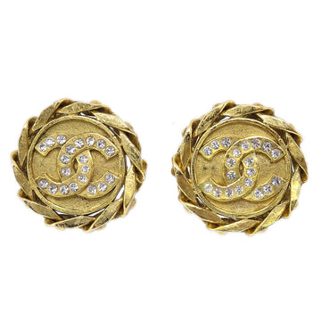 CHANEL Button Earrings Gold Rhinestone Clip-On 23 66500