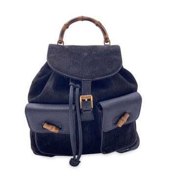 GUCCI Vintage Black Suede Leather Bamboo Backpack Shoulder Bag