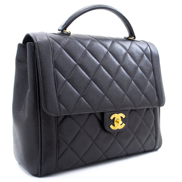 CHANEL Caviar Handbag Top Handle Bag Kelly Black Flap Leather Gold