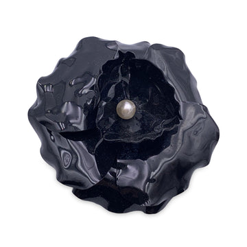 CHANEL Shiny Black Plastic Brooch Pin Pearl Camelia Camellia