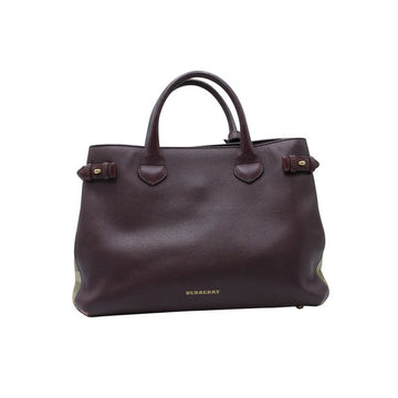 BURBERRY Dark Purple Grained Leather Tote - Checked Pattern On Sides