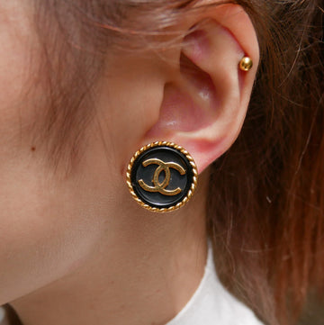 CHANEL 1996 Button Earrings Gold Black