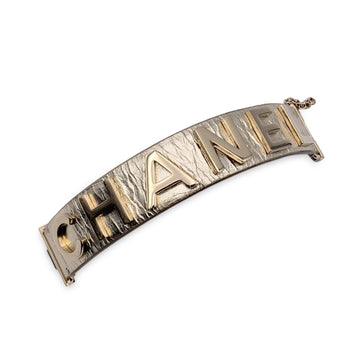 CHANEL Gold Metal Leather Logo Lettering Cuff Bracelet Size M