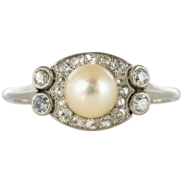 1925s Cultured Pearl Diamonds Platinum Art Deco Ring